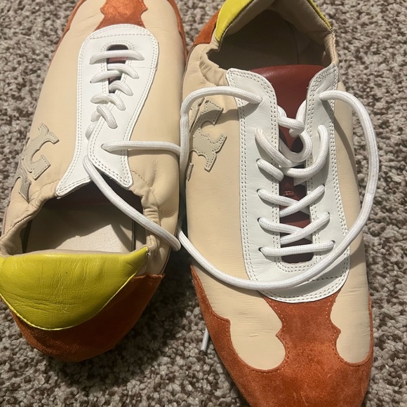 TORY BURCH TORY SNEAKER NYLON/LEATHER/SUEDE T LOGO IVORY/TAN/RUST SZ US 11 - Picture 6 of 8